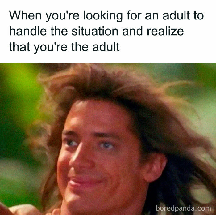Funny meme showing a man with flowing hair and the text about being the adult, perfect for introvert friends memes.