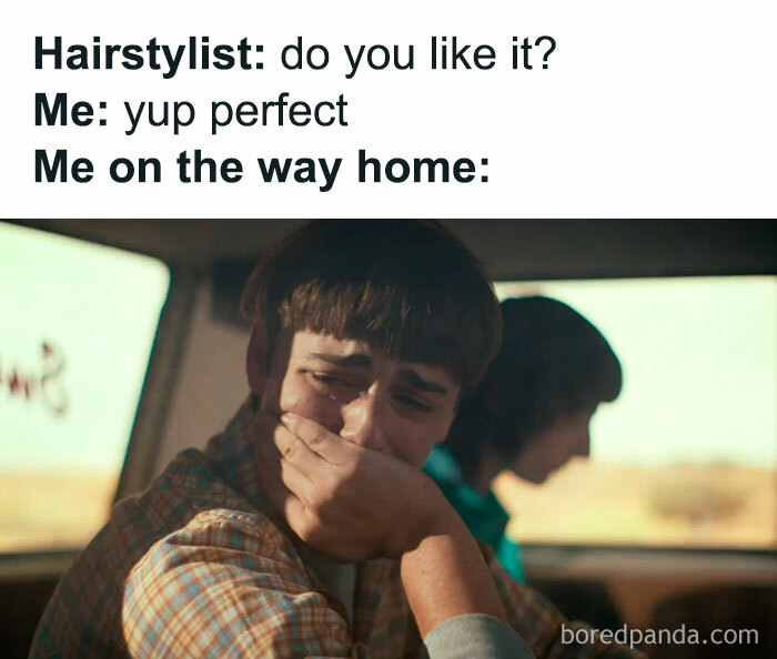 Young person covering mouth in shock after a haircut, relatable meme for introvert friends shared on Instagram page.