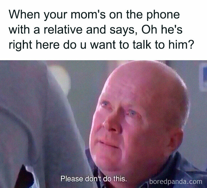 Man looking distressed with caption about awkward phone conversations, a relatable meme for introvert friends.