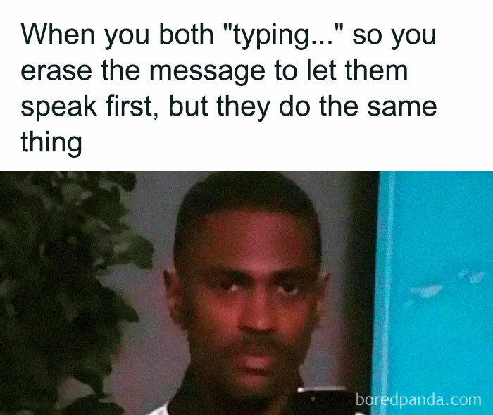 Man with serious expression illustrating awkward texting moment, a relatable introvert meme shared on Instagram page.