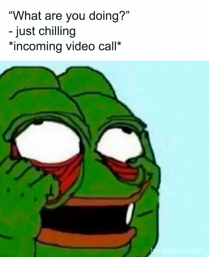 Meme showing a tired green frog reacting to an incoming video call, relatable for introvert friends.