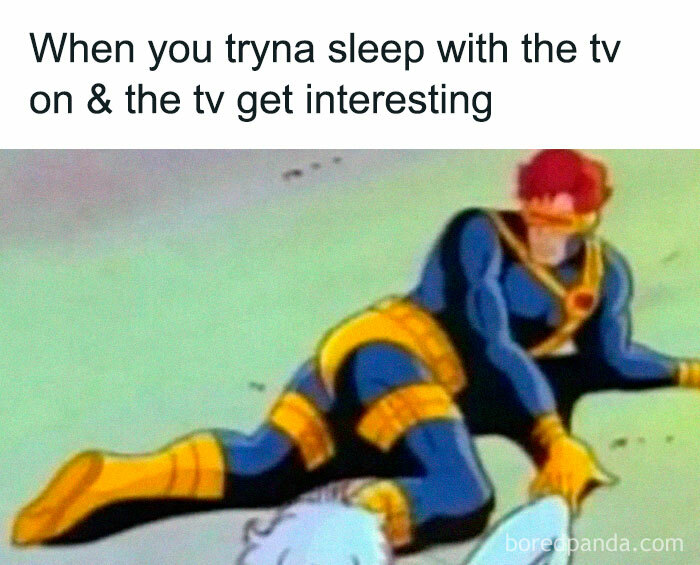 Cartoon superhero lying on the ground struggling to sleep as the TV gets interesting, relatable introvert meme.