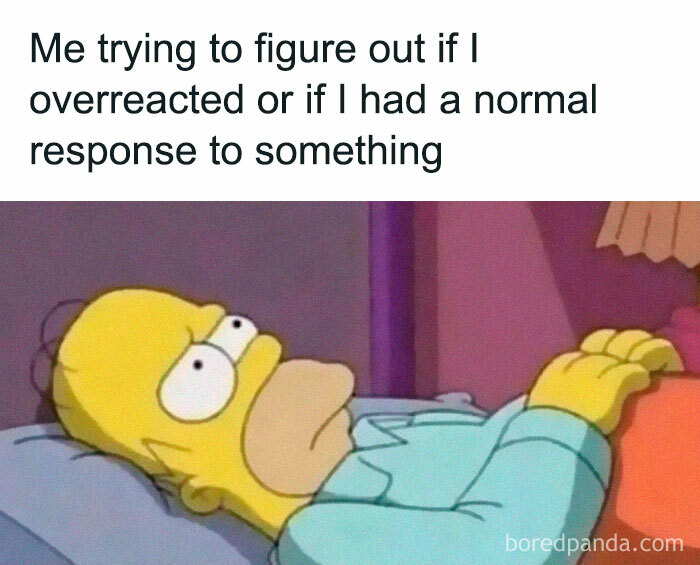 Homer Simpson lying awake in bed, anxious and overthinking, relatable meme for introvert friends.