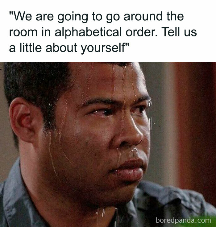 Man sweating nervously with caption about introducing oneself, a relatable meme for introvert friends shared on Instagram.