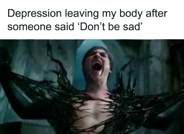 Person dramatically shedding dark layer, captioned "Depression leaving my body" as a humorous therapy meme.