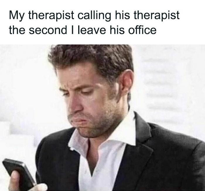 Man in a suit looking at phone, with text about therapists.