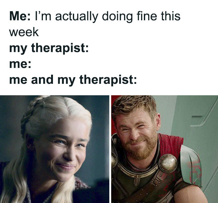 Therapist meme with two characters smiling, capturing an ironic interaction about therapy discussions.