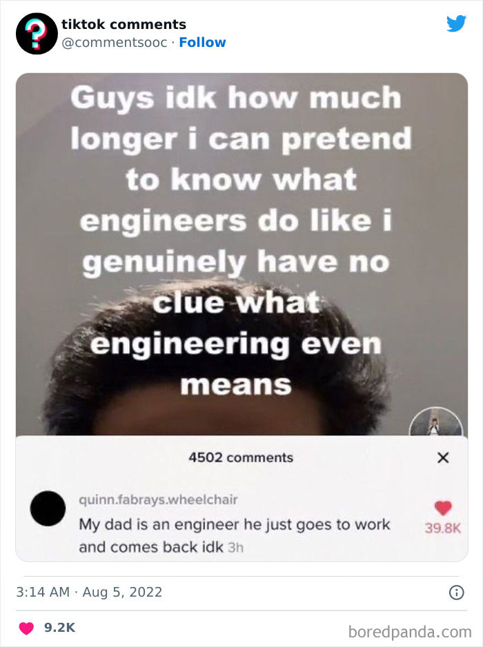 Screenshot of a funny TikTok comment where a user admits to not knowing what engineering means, highlighting weird TikTok comments.