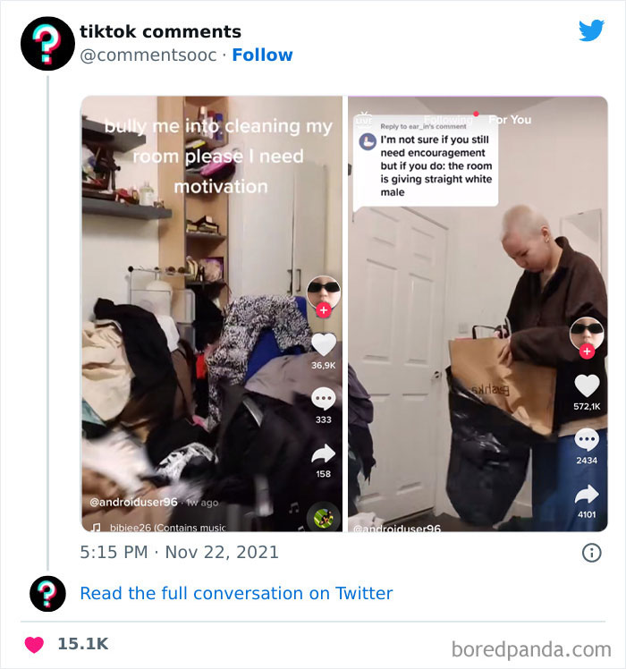 Screenshot of unhinged TikTok comments showing messy room cleanup and funny motivational replies on a Twitter page.