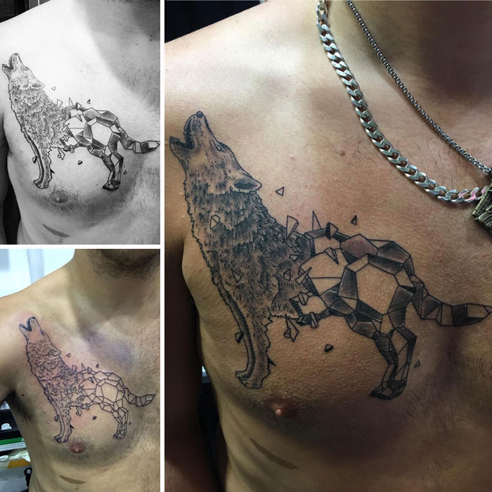 Geometric tattoo of a howling wolf on a person's chest, blending realistic and abstract elements.