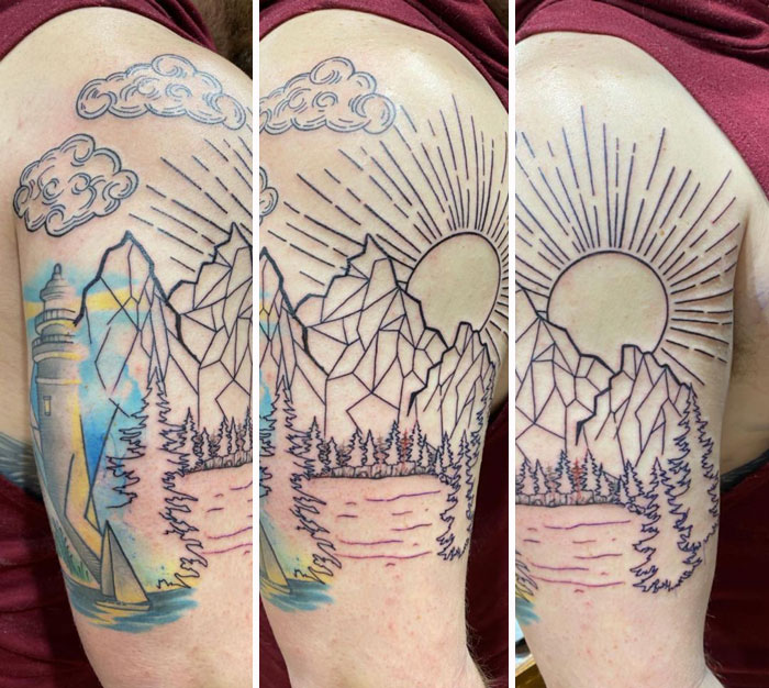 Geometric tattoo on arm featuring mountains, sun, trees, and clouds with a lighthouse and sea.