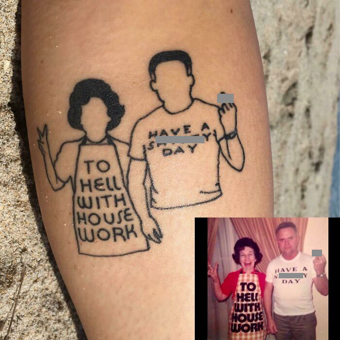 Funny tattoos of grandma and grandpa with humorous shirts, captured in a playful hand tattoo.
