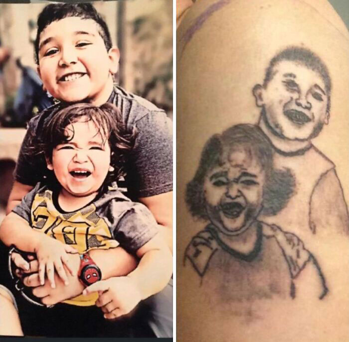 Two kids smiling in original photo and funny tattoo version side by side.