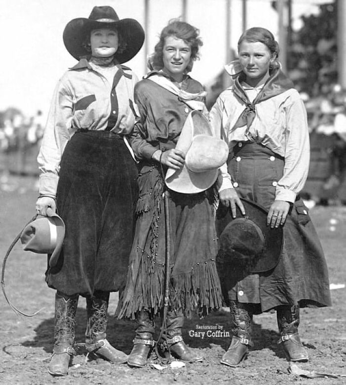 1917 In Miles City, Montana, Here Are Three Cowgirls At The Miles City Round-Up. They Are Clyde Lindsay, Mildred Douglas And Ruby Dickey