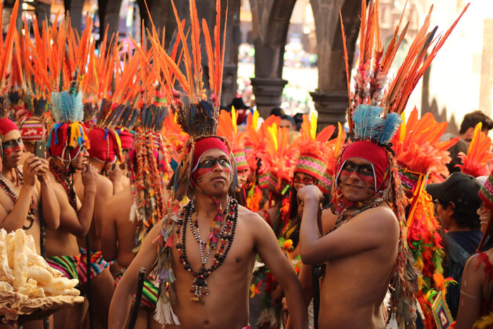 Quechua performers representing the jungle tribes during Inti Raymi