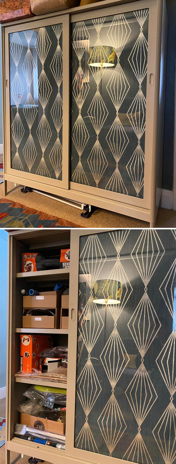 I Needed Storage Space In My Hallway For All My DIY Stuff. This Is My Idasen. I Went To The DIY Store And Got A Cheap Roll Of Wallpaper For The Doors. Now My Stuff Is Hidden Away