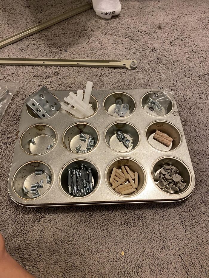 This Is My Hack To Stay Organized; I Don’t Know Where I Learned This, But It Has Been A Huge Help To IKEA Projects; A Muffin Tin