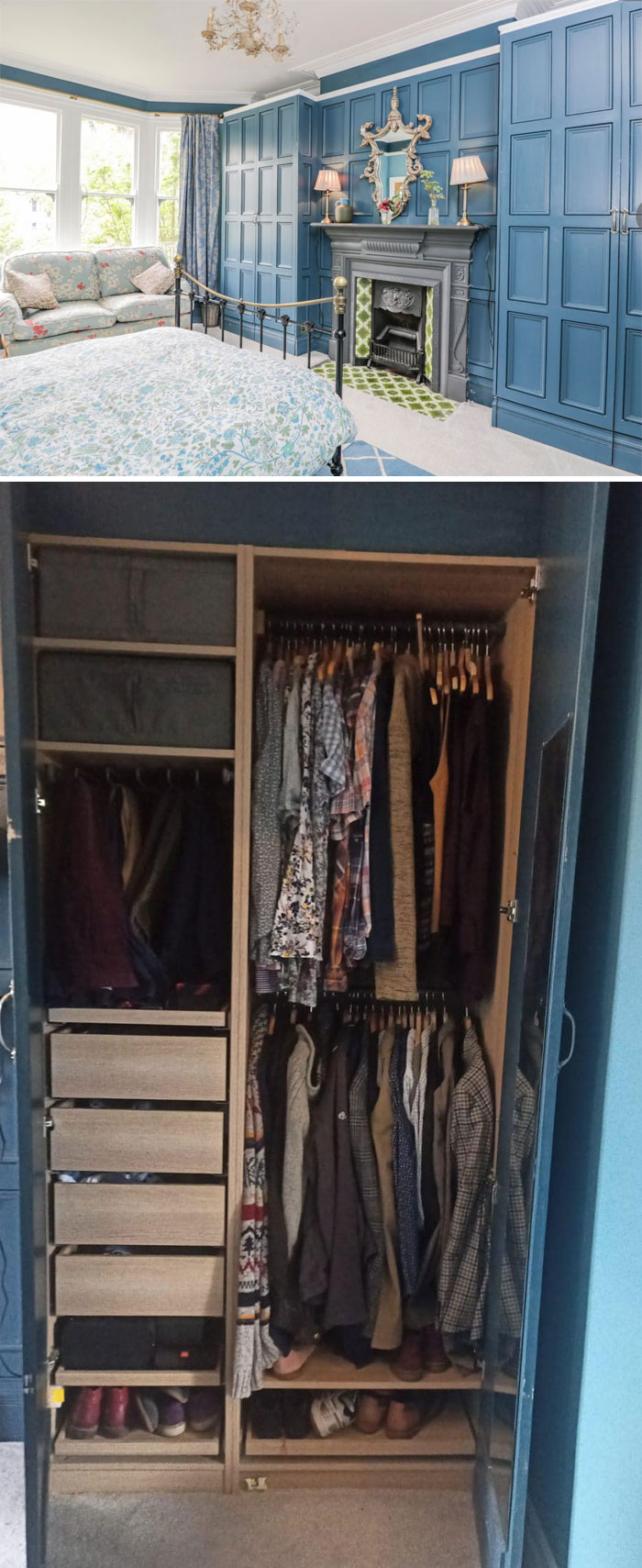 Behind These Doors Are IKEA Pax Wardrobes. Had To Cut One Down To Fit The Gap Exactly. And Then Made Doors For The Wardrobes And Panelling For The Sides And Fireplace To Make It Look More Seamless