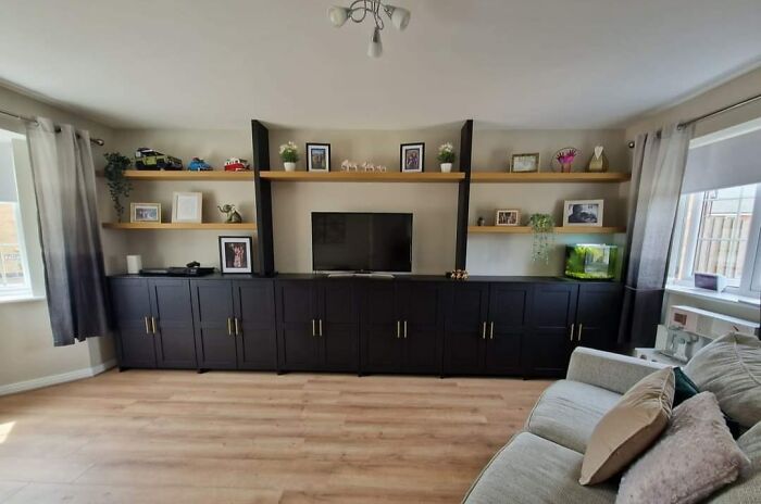 6 Brimnes Cabinets, 2 Black Lack Shelves, 5 Oak Lack Shelves, Lots Of Measuring And Sawing Later And This Is The Finished Result