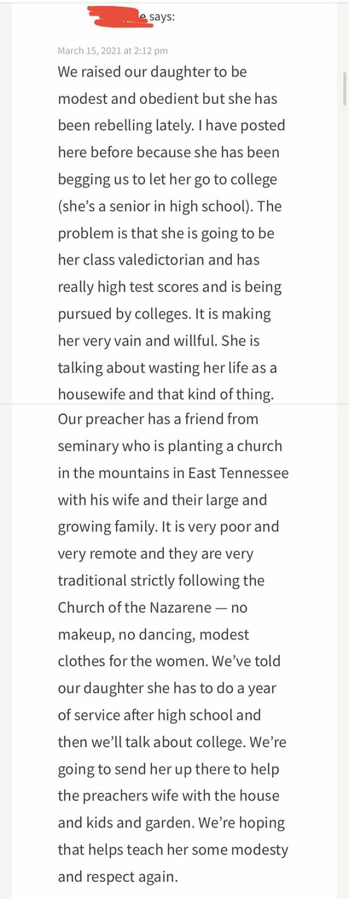 Sending Her Daughter Away To A Church For A Year Because She Wants A College Education