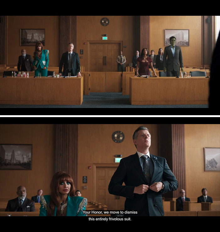In 'She-Hulk: Attorney At Law' (2022, Episode 5), There Is An Error Between Cuts As Characters Are Immediately Shown Sitting Back Down After Being Told To Stand In The Previous Shot