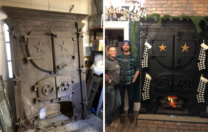 Upcycled Antique Boiler Door Turned Electric Fireplace/Liquor Cabinet