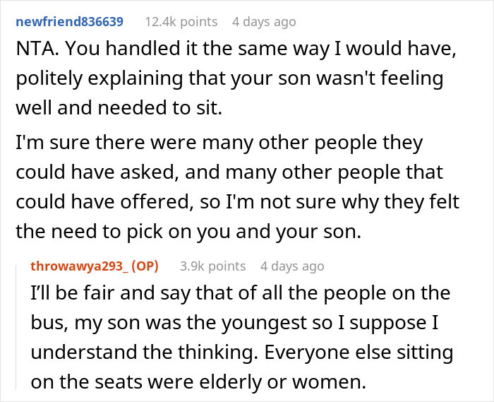 Parent Refuses To Make Their Ill 17-Year-Old Son Give Up His Seat For An Elderly Woman, Wonders If They Did The Right Thing Parent Refuses To Make Their Ill 17-Year-Old Son Give Up His Seat For An Elderly Woman, Wonders If They Did The Right Thing