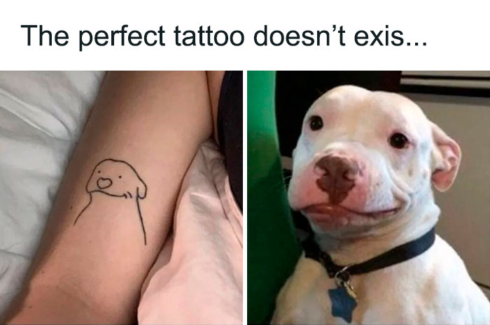 Tattoo resembling a dog's face on a person's arm, humorously compared to a real dog.