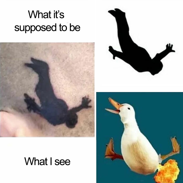 Hilarious tattoo fail showing a diver silhouette, compared to a flying duck with flaming feet.