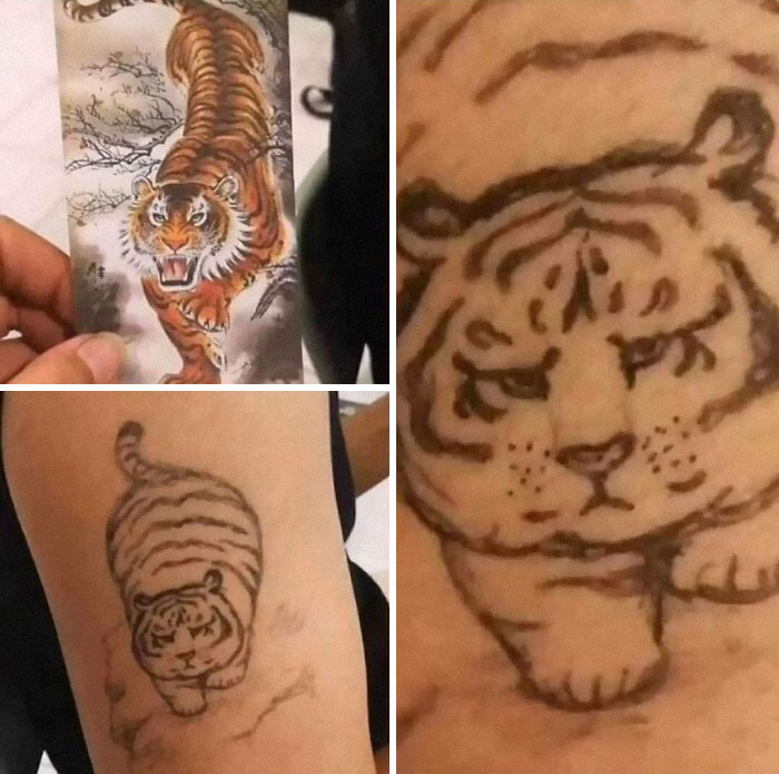 Poorly drawn tiger tattoo compared to original art, highlighting horrible tattoos shared on Instagram.