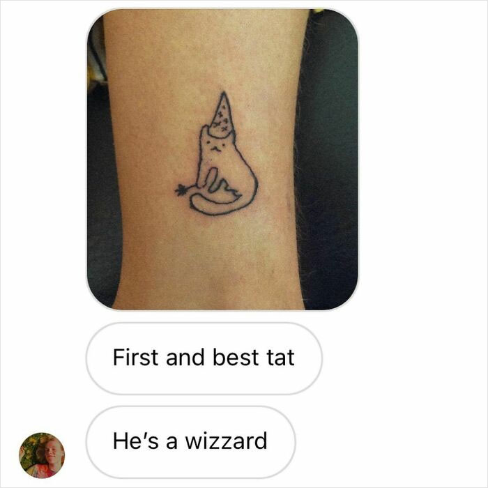 Horrible tattoo of a simple cat with a wizard hat on a person's leg, shared on Instagram.