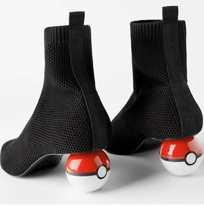 Weird shoes with black mesh uppers and Poké Ball-style heels.
