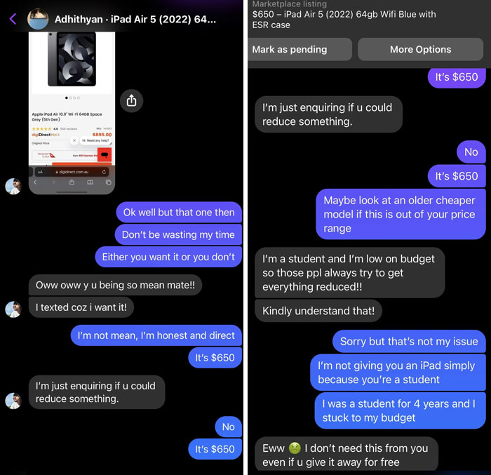 Chat conversation showing frustrating buyer haggling over iPad price, illustrating difficulties of selling online to potential buyers.