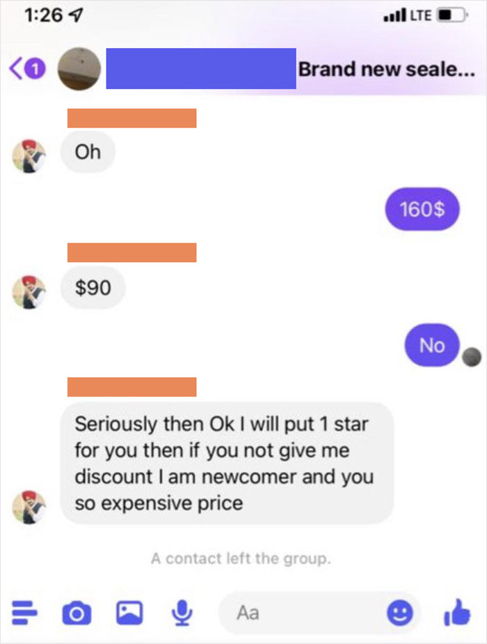 Chat conversation showing a difficult potential buyer negotiating price and threatening negative feedback, illustrating selling online pain.