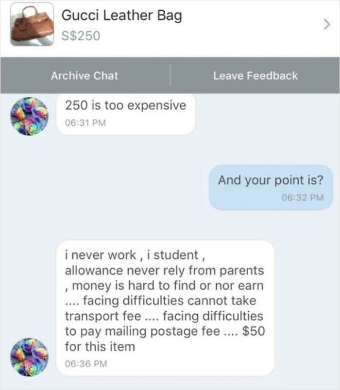 Chat conversation showing a buyer complaining about item price and sharing personal financial struggles, illustrating selling online pain.