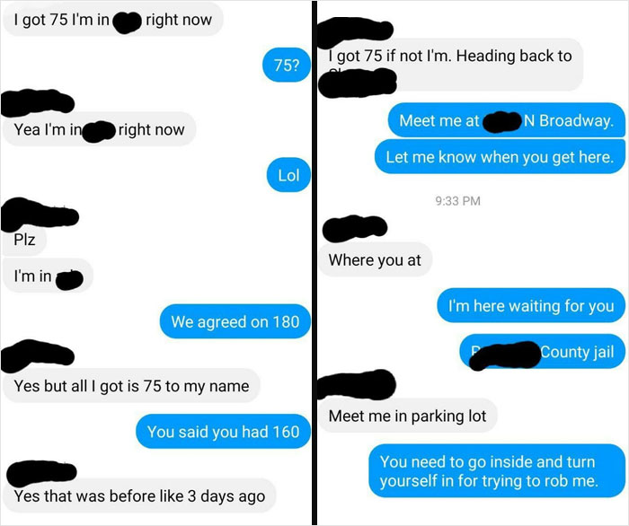 Text message exchange showing confusing negotiations and a seller warning a buyer about attempted robbery, illustrating selling online pain.