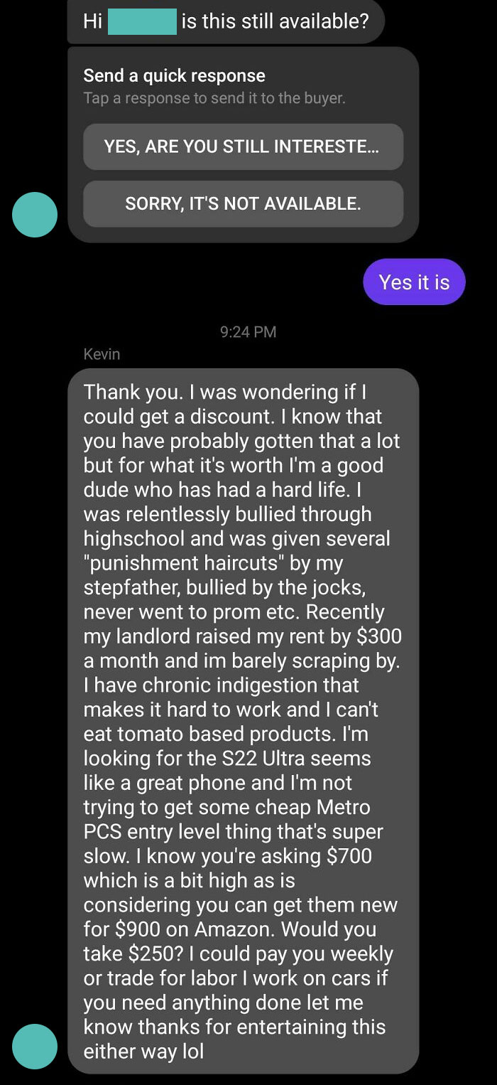 Text exchange showing a buyer asking for an extreme discount and sharing personal struggles, illustrating selling online pain.