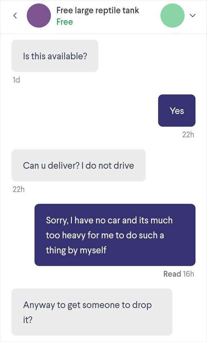 Chat conversation showing potential buyer asking about free reptile tank delivery, illustrating challenges of selling online.