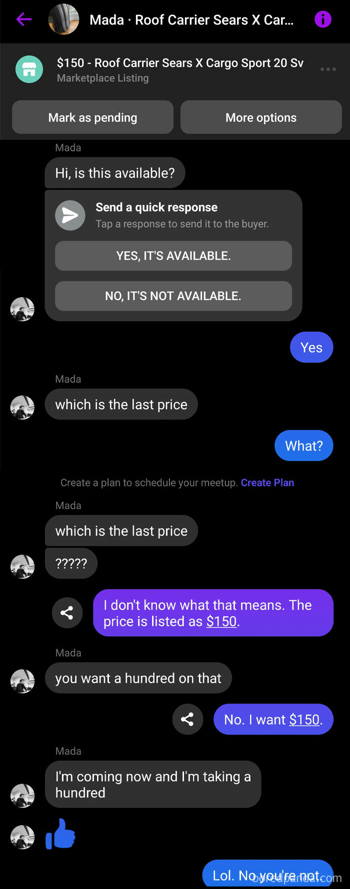 Chat conversation showing frustration with potential buyers, illustrating why selling online can be such a pain.
