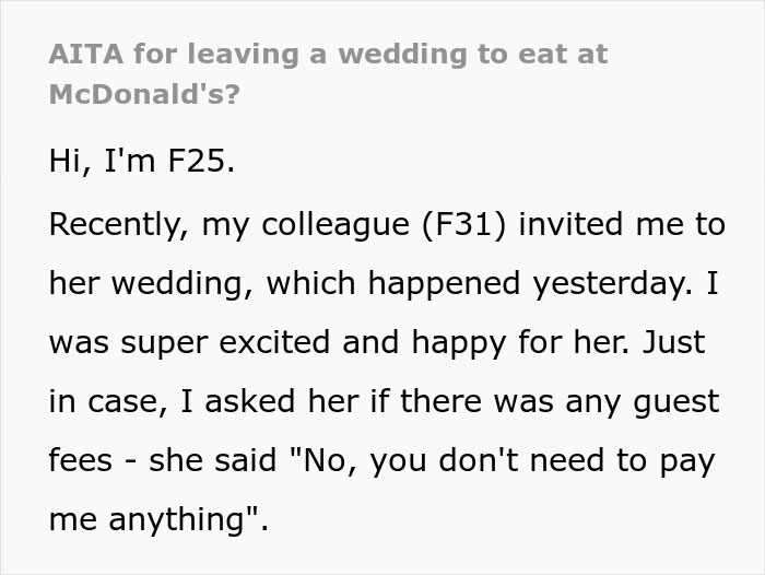 &ldquo;Am I A Jerk For Leaving A Wedding To Eat At McDonald&rsquo;s?&rdquo;: Bride Lied To Her Guest When She Told Her She Wouldn't Have To Pay For Anything At The Wedding