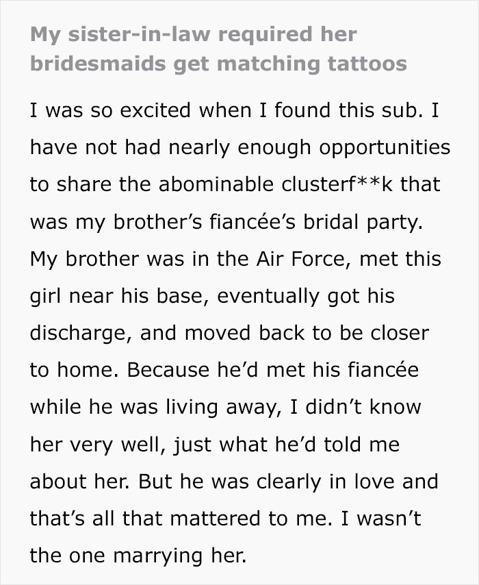 Text discussing a bride upset after a bridesmaid refuses a matching tattoo, encouraging others to drop out of the bridal party.