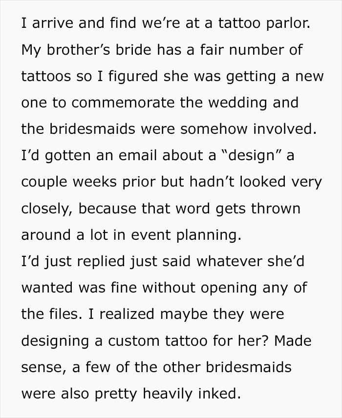 Text about a bride considering wedding tattoos with bridesmaids involved in a tattoo parlor visit.