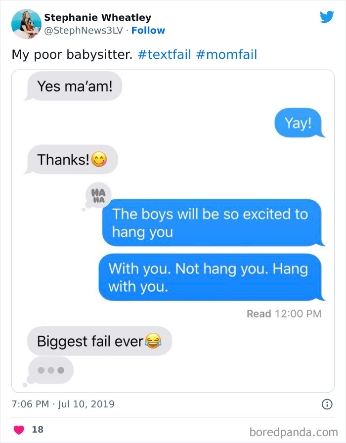 woman accidentally wrote "hang you" instead "hang with you"