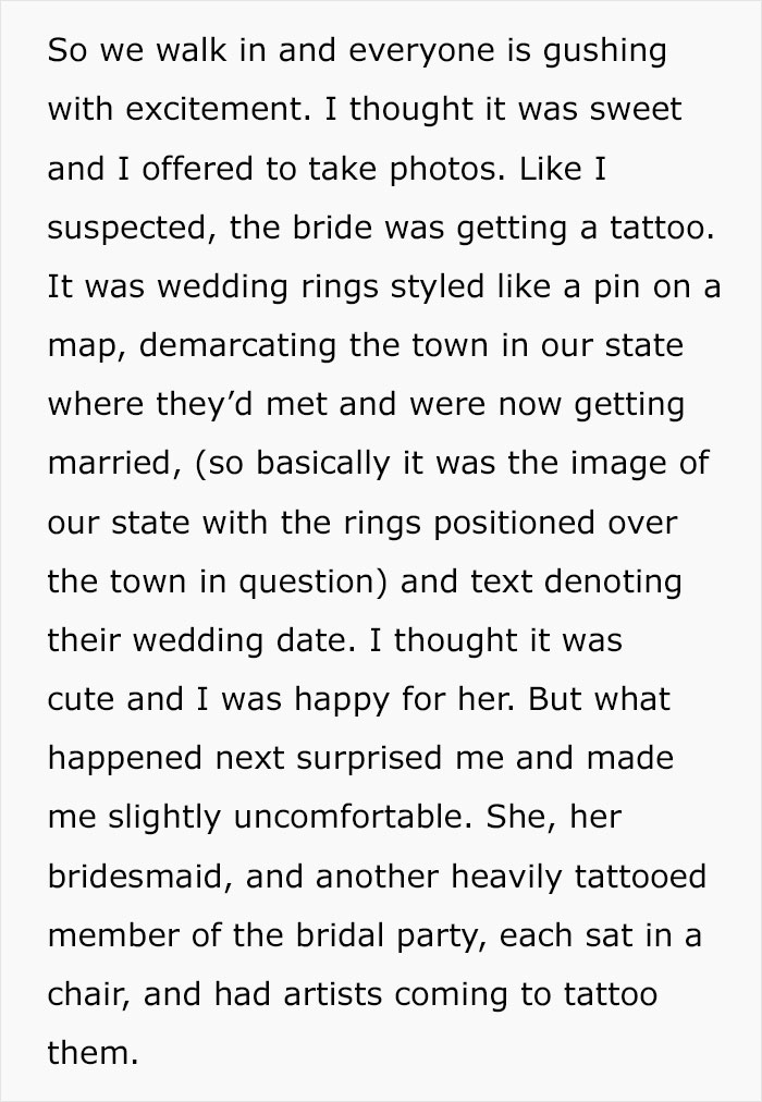 Narrative text describing a bride getting a wedding-themed tattoo, while bridesmaid has concerns.