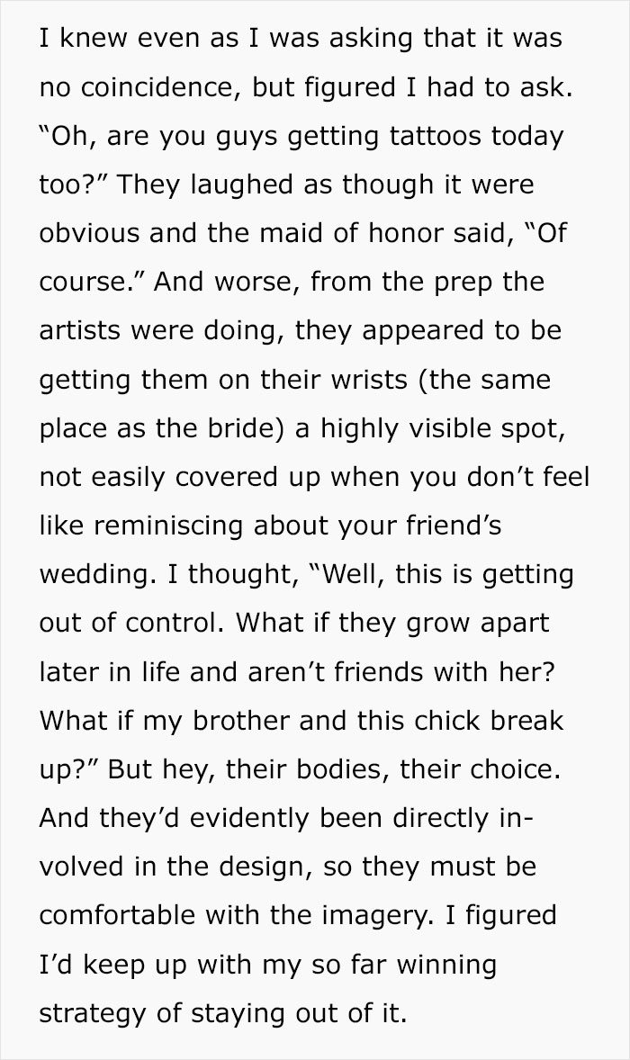 Image of a text discussing a bridesmaid's refusal to get a matching tattoo for the bride's wedding.