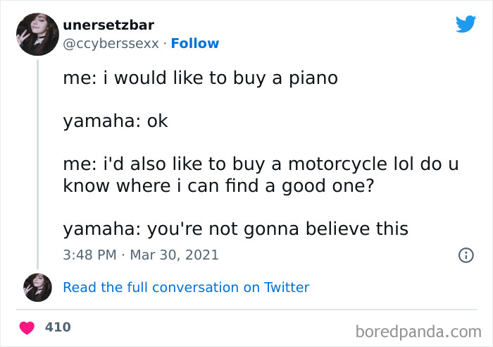 Tweet shows a humorous exchange about buying a Yamaha piano and motorcycle, highlighting nerd humor.