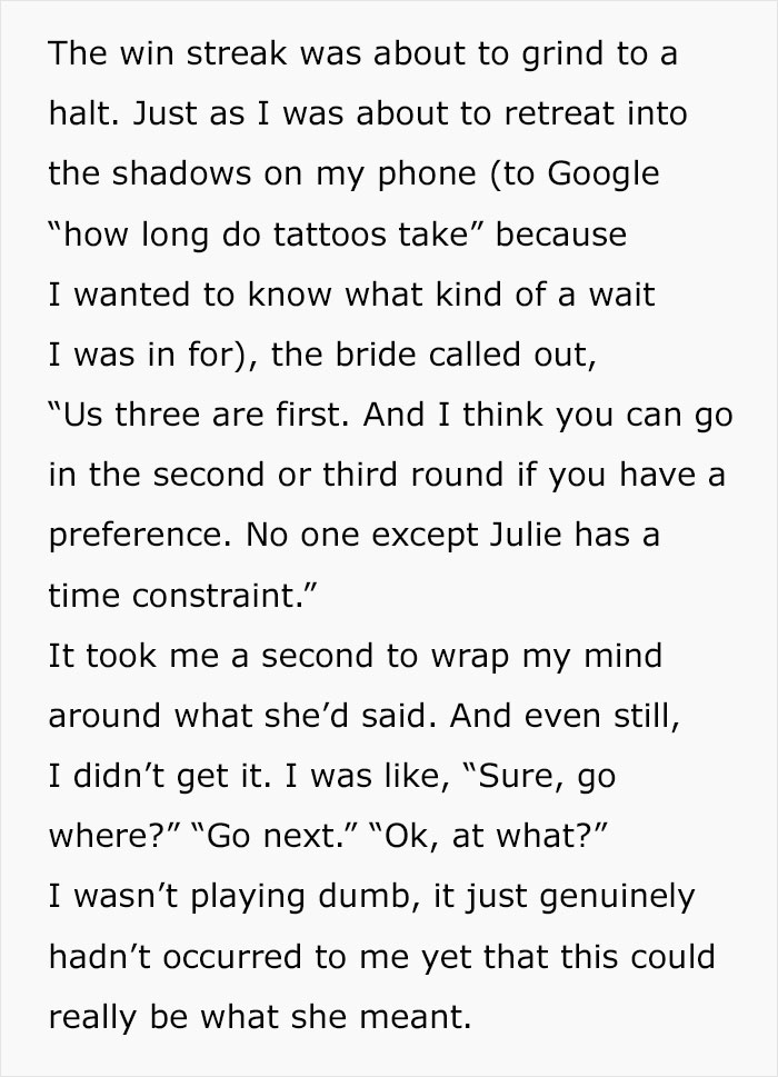 Text image of a story about a bride discussing tattoo plans with bridesmaids.