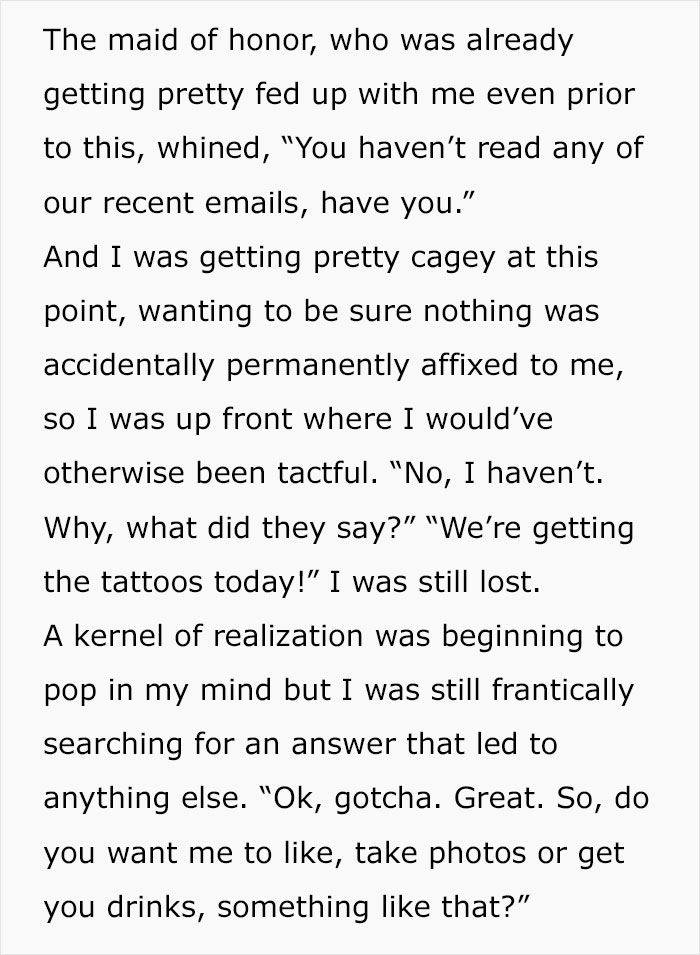 Maid of honor frustrated with bridesmaid over unread emails about matching tattoo plans.