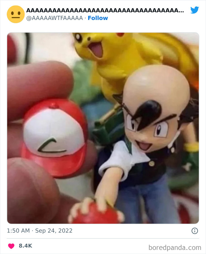 Bald anime figure with Pikachu, holding a Pokéball, creating a weird, funny moment.