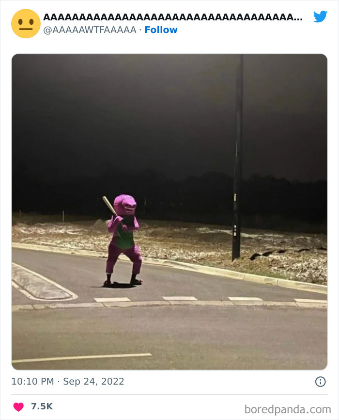 A person in a purple dinosaur costume with a bat standing on a street at night, embodying weird funny internet content.